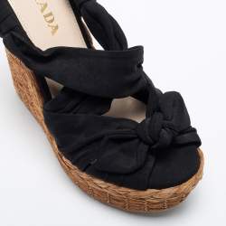 Prada Black Fabric Knotted Bow Raffia Wedge Platform Sandals Size 36.5