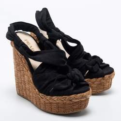 Prada Black Fabric Knotted Bow Raffia Wedge Platform Sandals Size 36.5