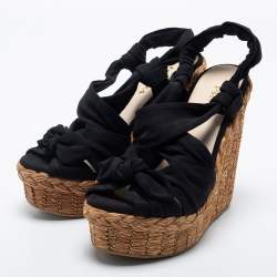 Prada Black Fabric Knotted Bow Raffia Wedge Platform Sandals Size 36.5