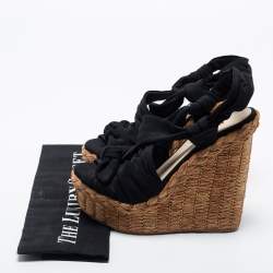 Prada Black Fabric Knotted Bow Raffia Wedge Platform Sandals Size 36.5