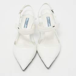 Pre Owned Prada White Leather and Rubber Pointed Toe Slingback Pumps Size 39