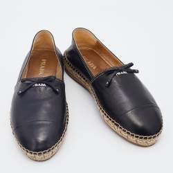 Pre Owned Prada Black Leather Bow Flat Espadrilles Size 38.5