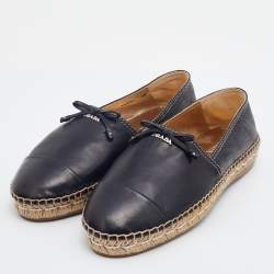 Pre Owned Prada Black Leather Bow Flat Espadrilles Size 38.5