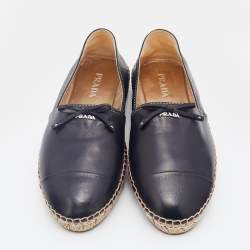 Pre Owned Prada Black Leather Bow Flat Espadrilles Size 38.5