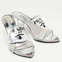 Pre Owned Prada Silver Leather and Logo Print PVC Plexiglas Slide Sandals Size 36.5
