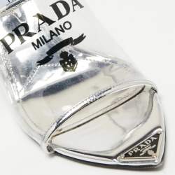 Pre Owned Prada Silver Leather and Logo Print PVC Plexiglas Slide Sandals Size 36.5