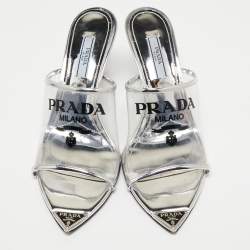 Pre Owned Prada Silver Leather and Logo Print PVC Plexiglas Slide Sandals Size 36.5