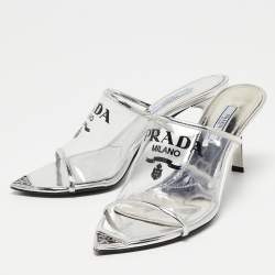 Pre Owned Prada Silver Leather and Logo Print PVC Plexiglas Slide Sandals Size 36.5