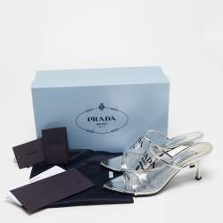 Pre Owned Prada Silver Leather and Logo Print PVC Plexiglas Slide Sandals Size 36.5