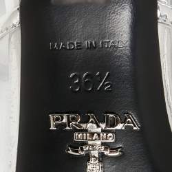 Pre Owned Prada Silver Leather and Logo Print PVC Plexiglas Slide Sandals Size 36.5