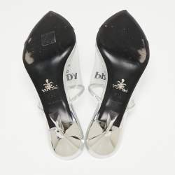 Pre Owned Prada Silver Leather and Logo Print PVC Plexiglas Slide Sandals Size 36.5