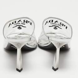 Pre Owned Prada Silver Leather and Logo Print PVC Plexiglas Slide Sandals Size 36.5