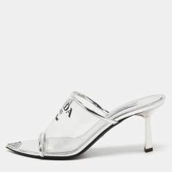 Pre Owned Prada Silver Leather and Logo Print PVC Plexiglas Slide Sandals Size 36.5