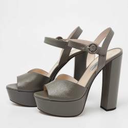 Prada Dark Grey Saffiano Patent Leather Platform Ankle Strap Sandals Size 38.5