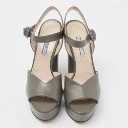 Prada Dark Grey Saffiano Patent Leather Platform Ankle Strap Sandals Size 38.5