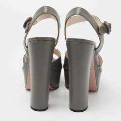 Prada Dark Grey Saffiano Patent Leather Platform Ankle Strap Sandals Size 38.5