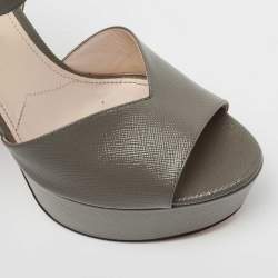 Prada Dark Grey Saffiano Patent Leather Platform Ankle Strap Sandals Size 38.5