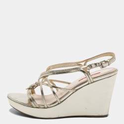 Prada Gold Leather Ankle-Strap Wedge Sandals Size 41