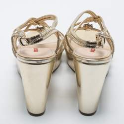 Prada Gold Leather Ankle-Strap Wedge Sandals Size 41