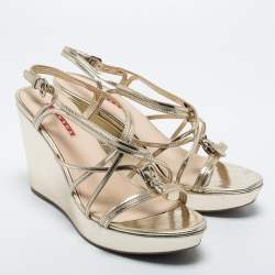 Prada Gold Leather Ankle-Strap Wedge Sandals Size 41