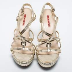 Prada Gold Leather Ankle-Strap Wedge Sandals Size 41