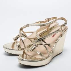 Prada Gold Leather Ankle-Strap Wedge Sandals Size 41
