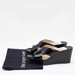 Pre Owned Prada Black Patent Leather Criss Cross Wedge Platform Slide Sandals Size 38.5