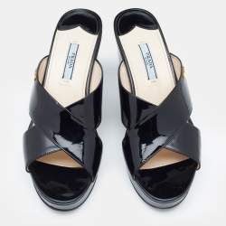 Pre Owned Prada Black Patent Leather Criss Cross Wedge Platform Slide Sandals Size 38.5
