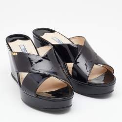 Pre Owned Prada Black Patent Leather Criss Cross Wedge Platform Slide Sandals Size 38.5