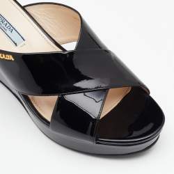 Pre Owned Prada Black Patent Leather Criss Cross Wedge Platform Slide Sandals Size 38.5
