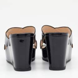 Pre Owned Prada Black Patent Leather Criss Cross Wedge Platform Slide Sandals Size 38.5