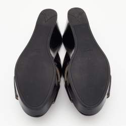 Pre Owned Prada Black Patent Leather Criss Cross Wedge Platform Slide Sandals Size 38.5