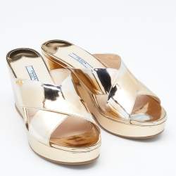 Pre Owned Prada Gold Patent Leather Criss Cross Wedge Platform Slide Sandals Size 38