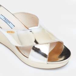 Pre Owned Prada Gold Patent Leather Criss Cross Wedge Platform Slide Sandals Size 38