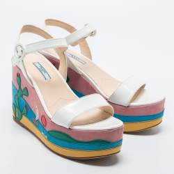 Prada Multicolor Leather Wedge Ankle Strap Sandals Size 38.5
