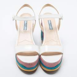Prada Multicolor Leather Wedge Ankle Strap Sandals Size 38.5