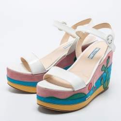 Prada Multicolor Leather Wedge Ankle Strap Sandals Size 38.5