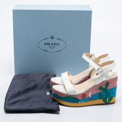 Prada Multicolor Leather Wedge Ankle Strap Sandals Size 38.5