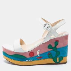 Prada Multicolor Leather Wedge Ankle Strap Sandals Size 38.5