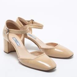 Pre Owned Prada Beige Patent Leather Ankle Strap  Pumps Size 38.5