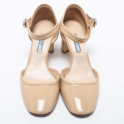 Pre Owned Prada Beige Patent Leather Ankle Strap  Pumps Size 38.5
