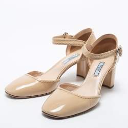 Pre Owned Prada Beige Patent Leather Ankle Strap  Pumps Size 38.5