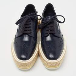 Prada Blue Leather Brogue Espadrille Platform Sneakers Size 34.5