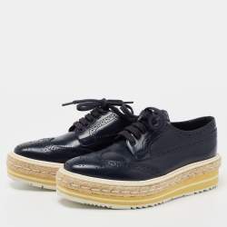 Prada Blue Leather Brogue Espadrille Platform Sneakers Size 34.5
