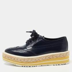 Prada Blue Leather Brogue Espadrille Platform Sneakers Size 34.5