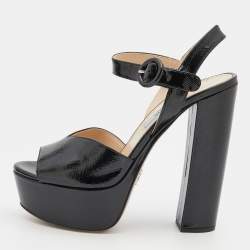 Prada Black Saffiano Patent Leather Platform Ankle Strap Sandals Size 36