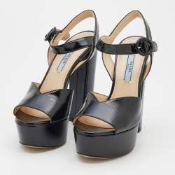 Prada Black Saffiano Patent Leather Platform Ankle Strap Sandals Size 36