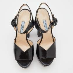 Prada Black Saffiano Patent Leather Platform Ankle Strap Sandals Size 36