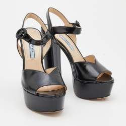 Prada Black Saffiano Patent Leather Platform Ankle Strap Sandals Size 36