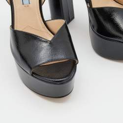 Prada Black Saffiano Patent Leather Platform Ankle Strap Sandals Size 36